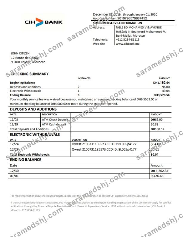 Morocco CIH bank proof of address statement template in Word and PDF format